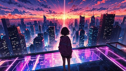Futuristic Cityscape at Sunset in Anime Style