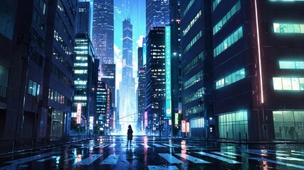Futuristic Cityscape with Neon Lights and Rain Effects