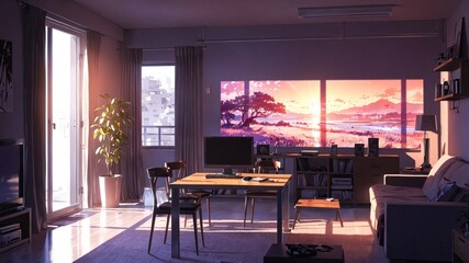 Modern Anime Room with Purple Ambient Wallpaper