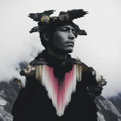 Surreal Portrait with Bird Elements and Layered Mountains