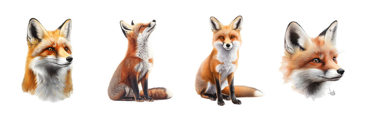 Fototapeta premium Four artistic portraits of a detailed red fox, showcasing its features and expressions.
