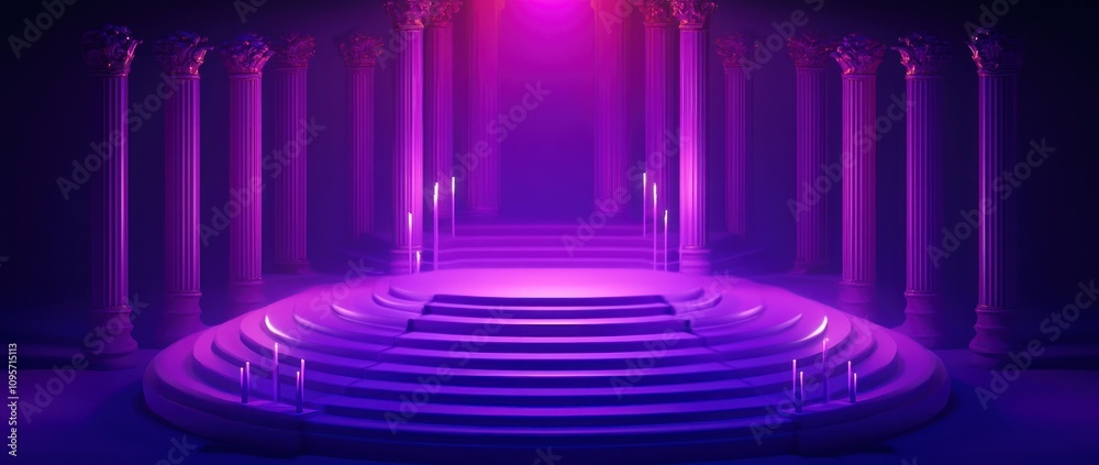 Poster a mystical stage with purple lighting and columns, suggesting a grand performance or event.