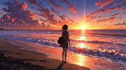 Mystical Sunset by the Sea in Anime Style