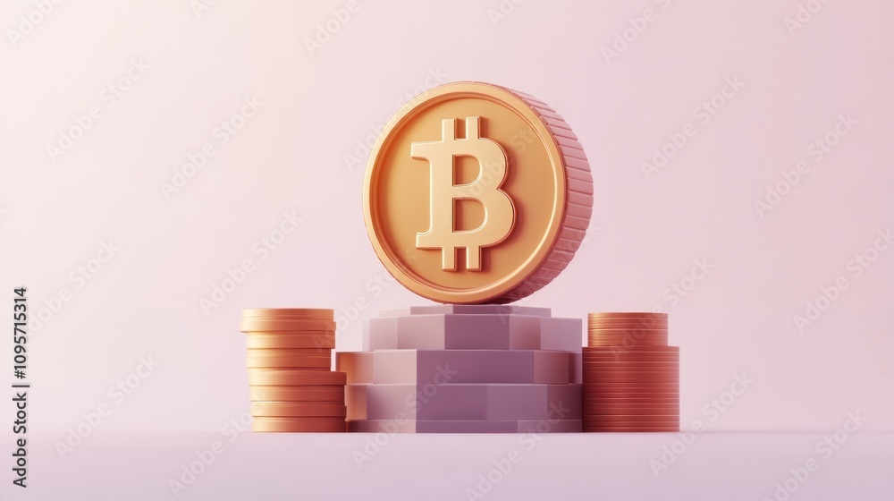 Aufkleber a stylized representation of a bitcoin coin on a stack of coins, symbolizing cryptocurrency.