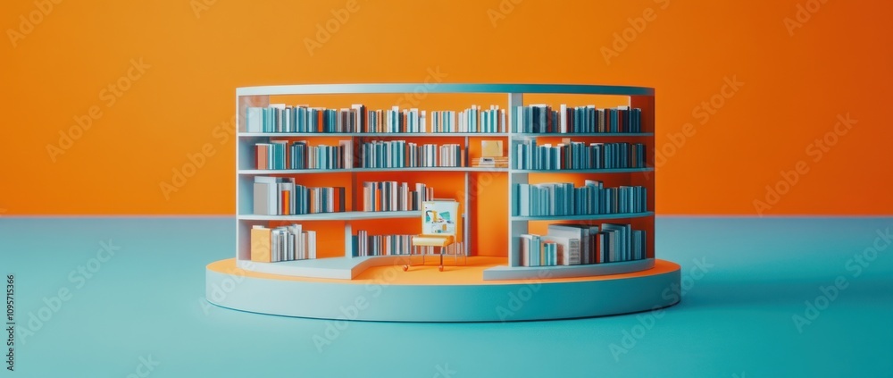 Poster a colorful, modern library model showcasing books and a reading area.