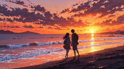 Romantic Sunset at Seaside with Anime Characters