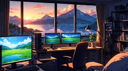 Serene Anime Workspace Overlooking Mountain and Lake