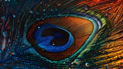 Obraz premium A close-up view of a peacock feather with water droplets. The vibrant colors of the feather are highlighted by the droplets.