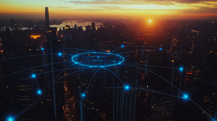 Smart digital Innovation city with connection network reciprocity over the cityscape. of future smart wireless digital city and social media networking systems that connects people with in city