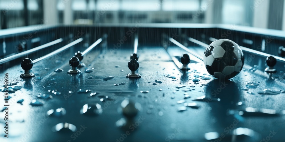 Aufkleber a close-up of a foosball table with a wet surface and a soccer ball.