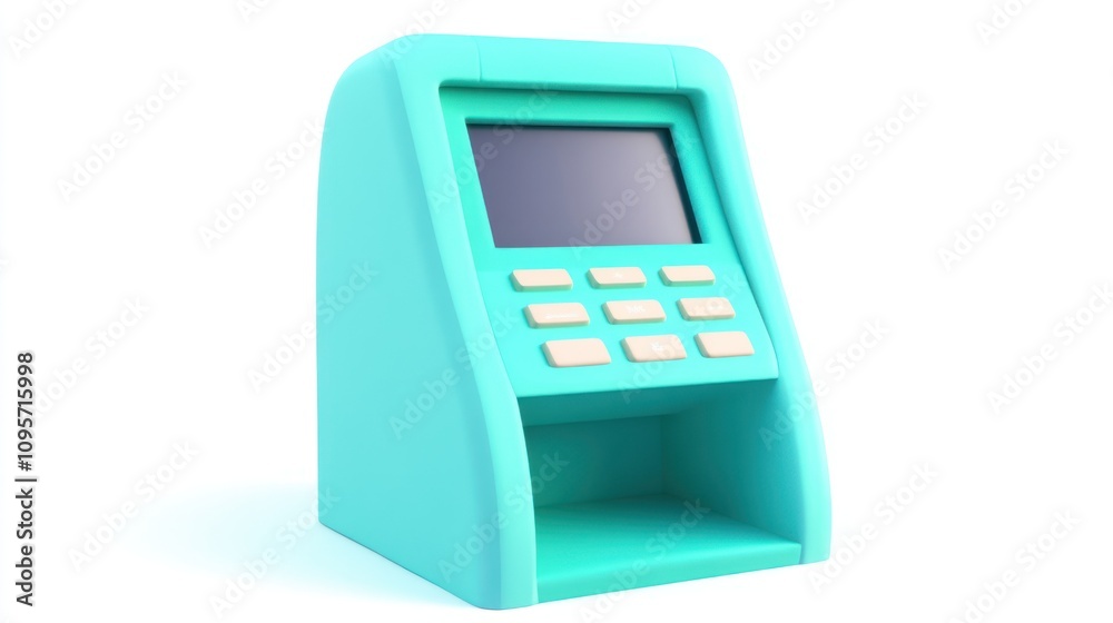 Aufkleber a teal-colored electronic device with a screen and buttons, likely for transactions.