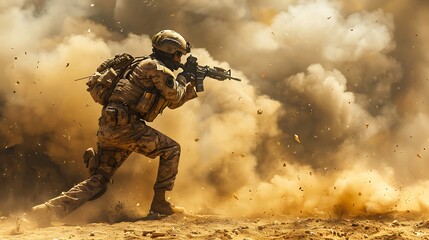 A soldier in tactical gear maneuvers through a cloud of dust and debris, illustrating action in a combat environment.