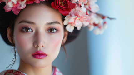 Fototapeta premium Close-up of Japanese model wearing traditional kanzashi hair accessory, with clean modern outfit - Elegant and unique