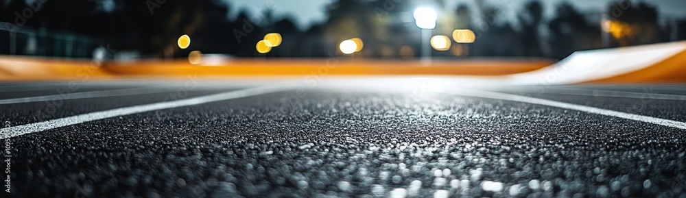 Poster A close-up view of a running track at night, illuminated by distant lights.