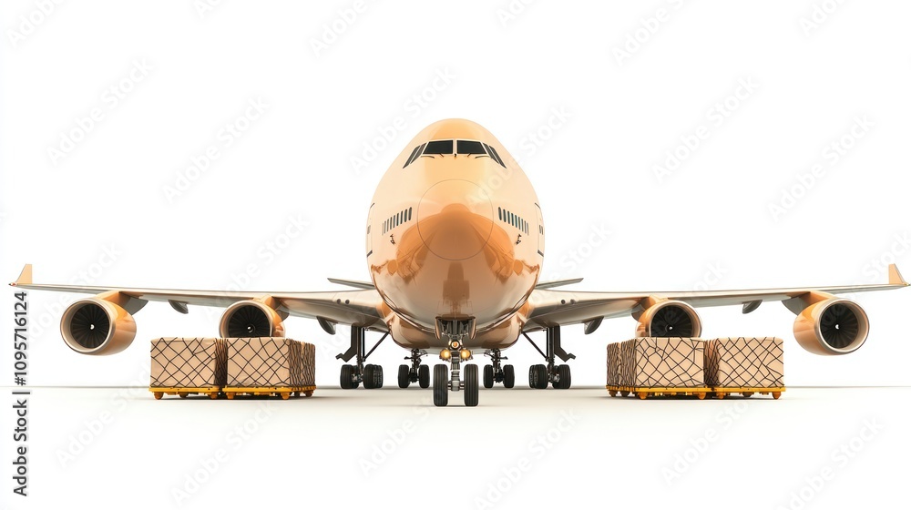 Poster A cargo airplane is positioned for loading, surrounded by crates on pallets.