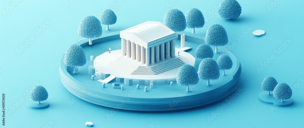 Poster A minimalist 3D rendering of a classical temple surrounded by stylized trees and landscape.