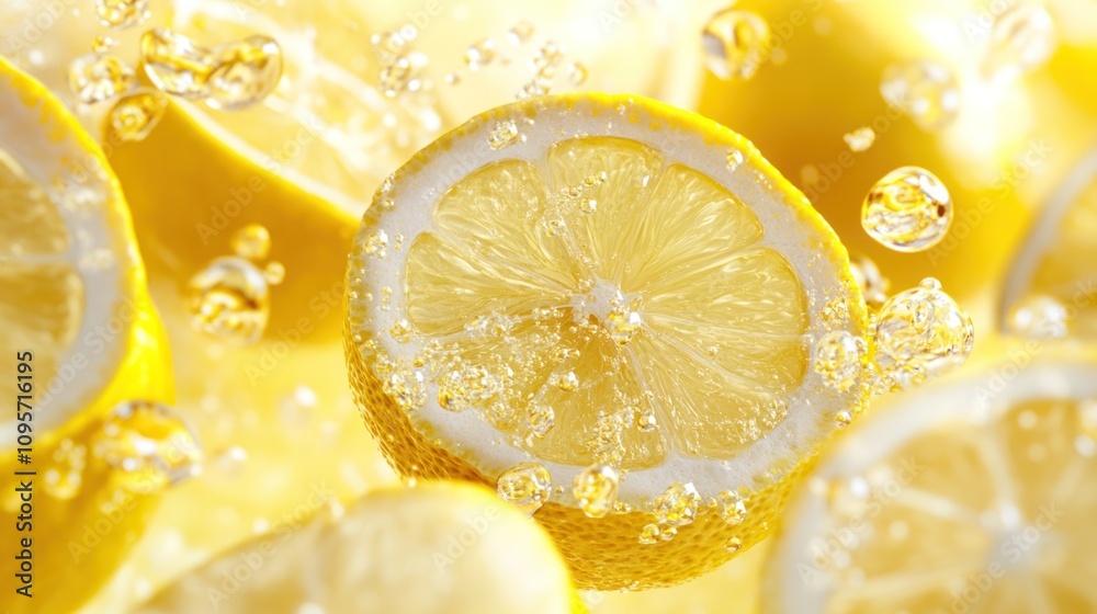 Poster fresh lemon slices in sparkling water, highlighting vibrant colors and refreshing essence.