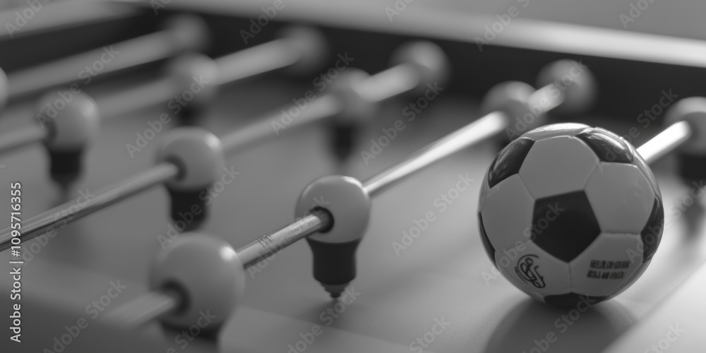 Poster a close-up of a foosball table with a soccer ball and player rods in black and white.