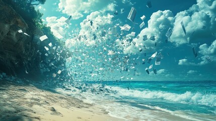 A surreal beach scene with flying papers against a vibrant sky and ocean waves.