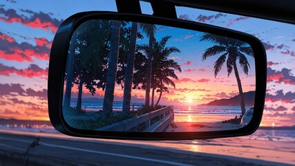 Sunset Reflections in Rearview Mirror Illustration