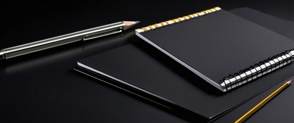 Black notebooks and stationery on black surface, perfect for creativity, planning, and organization.