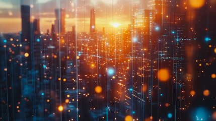 Obraz premium Smart digital Innovation city with connection network reciprocity over the cityscape. of future smart wireless digital city and social media networking systems that connects people with in city