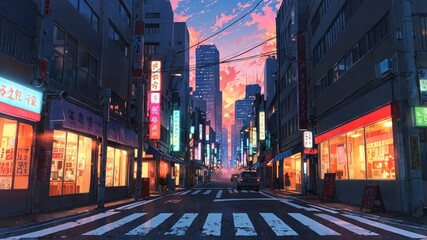 Vibrant Anime Street Scene in Tokyo at Sunset