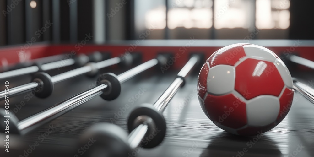 Poster a close-up of a foosball table with a red and white ball in play.