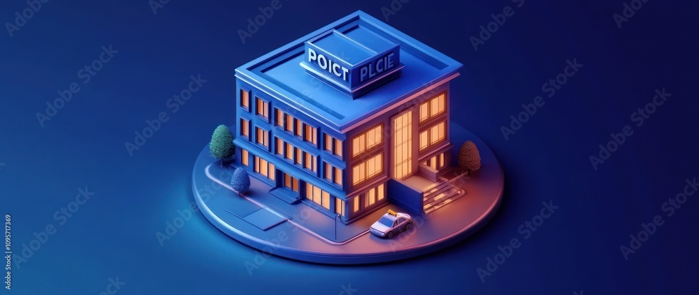 Poster a stylized building representing a police station with a modern design.