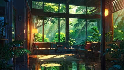 Vibrant Interior with Lush Greenery and Warm Light