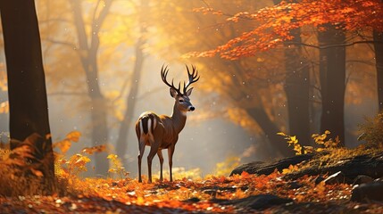 An atmospheric autumn landscape featuring a White-tailed deer walking through a forest of golden and red foliage, with fallen leaves covering the ground.