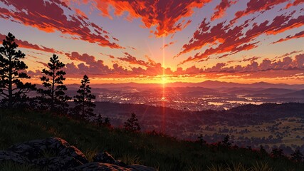 Vibrant Sunset Over Mountain Landscape in Anime Style