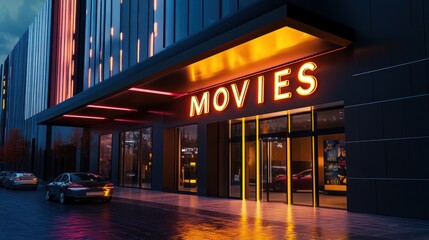 Illuminated movie theater at night.
