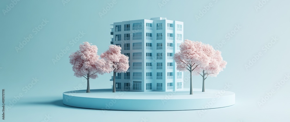 Poster a modern building surrounded by pink trees on a minimalist platform.