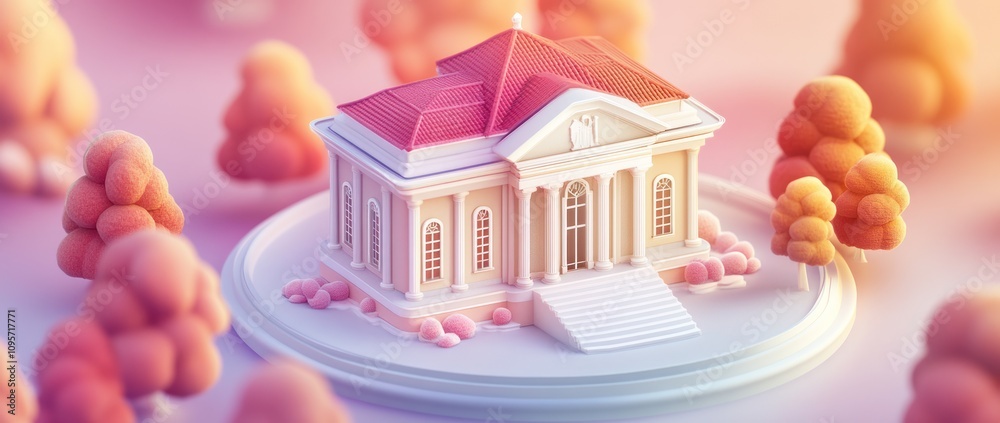 Aufkleber A stylized 3D model of a house surrounded by colorful trees on a circular base.