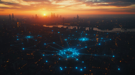 Smart digital Innovation city with connection network reciprocity over the cityscape. of future smart wireless digital city and social media networking systems that connects people with in city