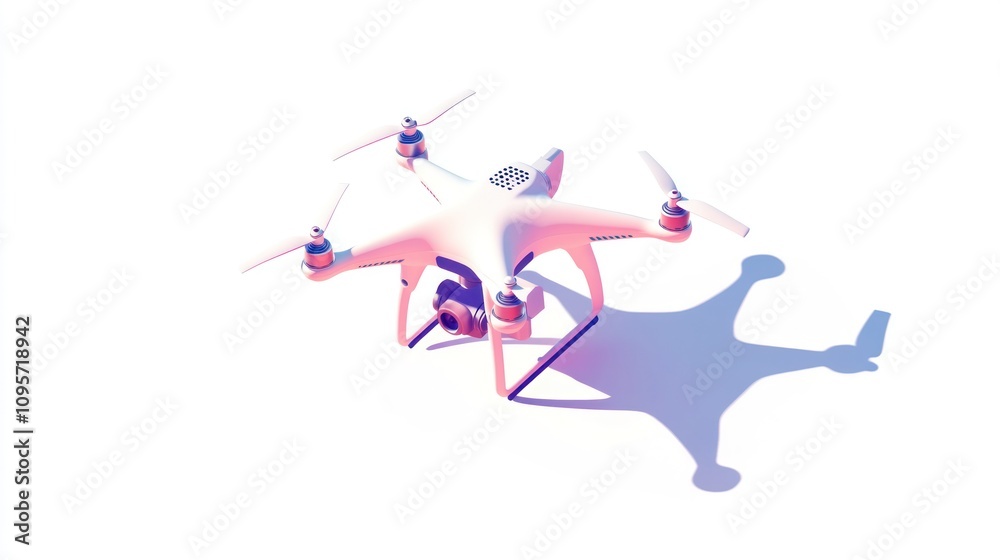Poster a modern drone with four propellers casting a shadow on a white background.