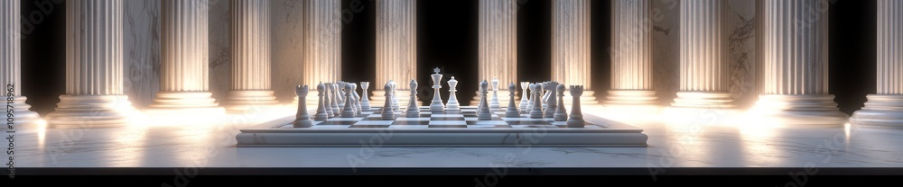 Poster A chess set displayed in a classical architectural setting, illuminated by soft light.