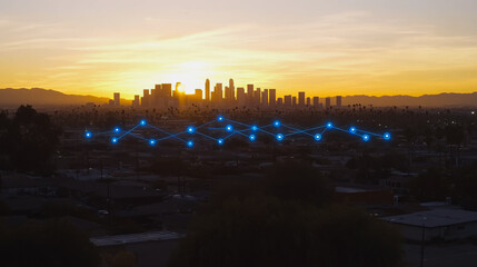 Fototapeta premium Smart digital Innovation city with connection network reciprocity over the cityscape. of future smart wireless digital city and social media networking systems that connects people with in city