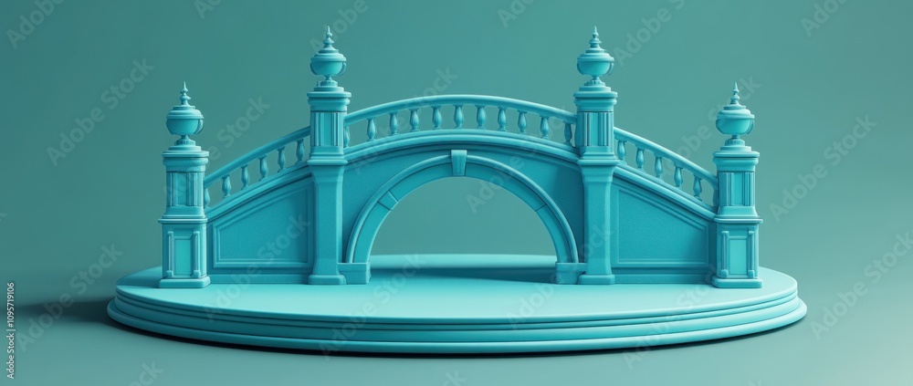 Aufkleber a stylized turquoise bridge model displayed on a circular base.