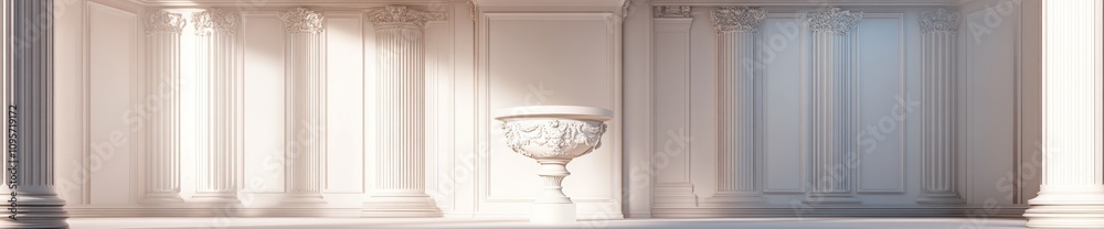 Poster a minimalistic interior space featuring classical columns and an ornate pedestal.