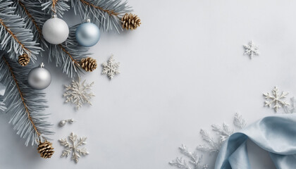 A minimalist Christmas background featuring a soft white canvas dusted with delicate snowflakes in pale silver and icy blue