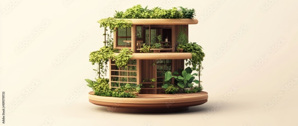 Poster a modern wooden structure adorned with lush greenery, representing sustainable architecture.