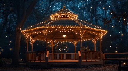 Fototapeta premium A beautifully lit gazebo in a serene park, surrounded by a magical atmosphere at night.