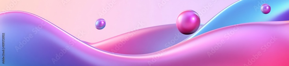Poster A colorful abstract design with smooth waves and floating spheres, creating a modern aesthetic.