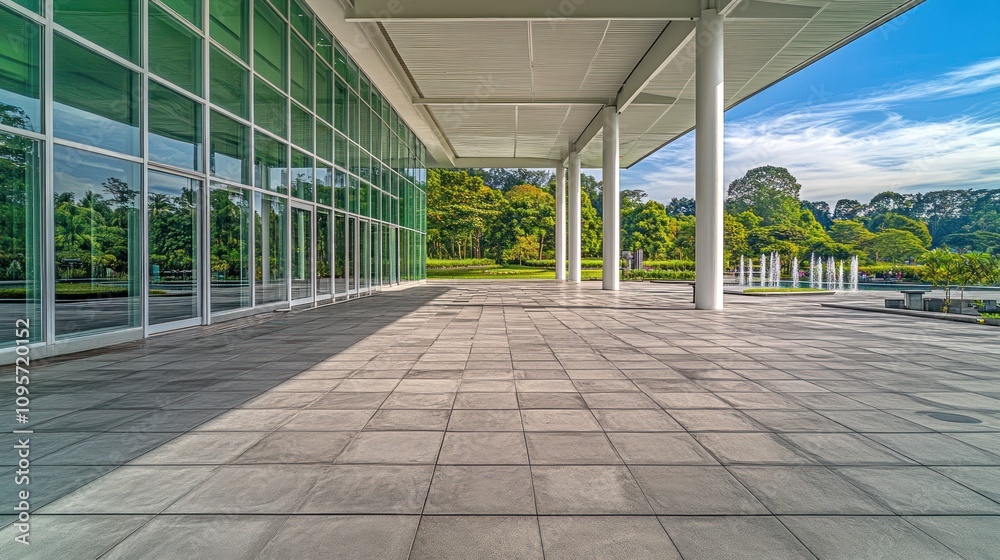 Aufkleber modern architectural space with large glass windows and a landscaped background.