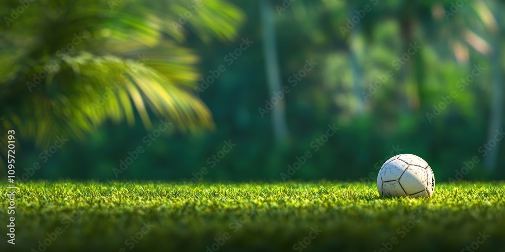 Poster A soccer ball resting on lush grass in a tropical setting with palm trees in the background.