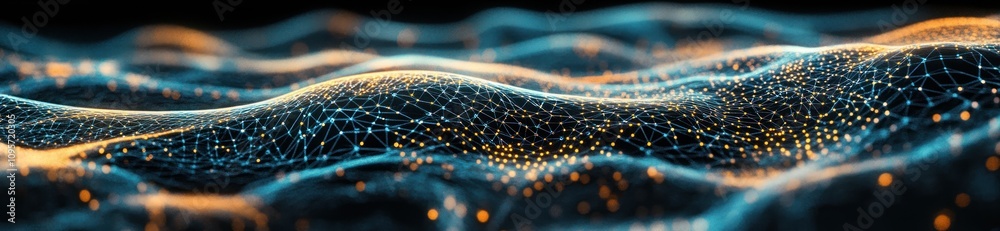 Poster Abstract visualization of flowing waves with glowing particles, representing data or energy.