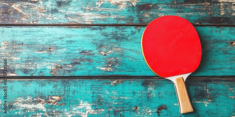 Poster a red ping pong paddle rests on a weathered turquoise wooden surface.
