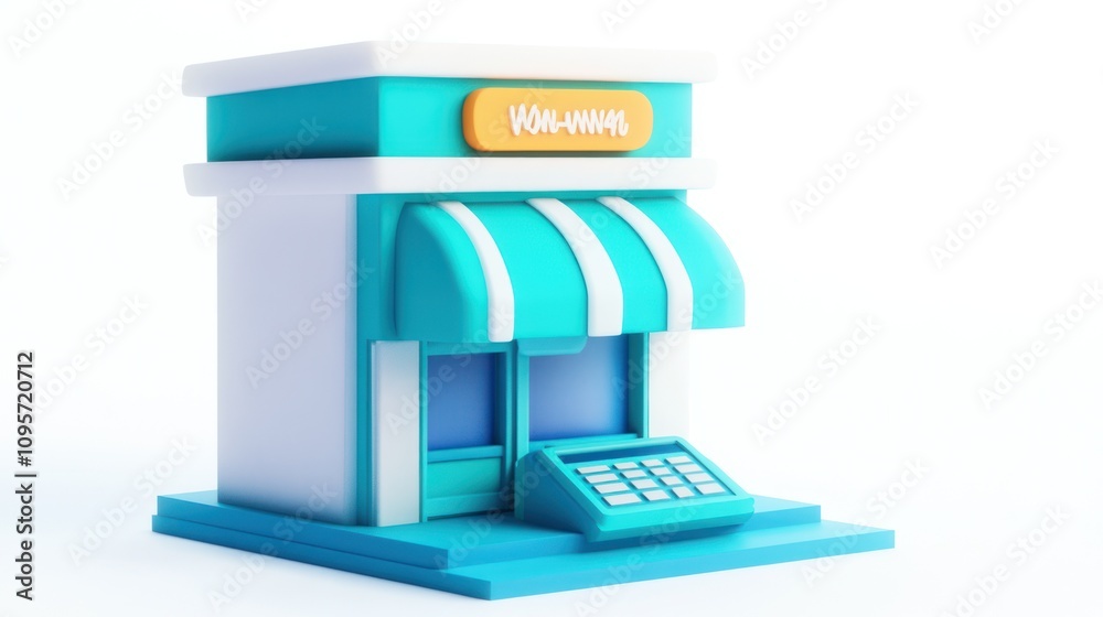 Poster a colorful, stylized building resembling a shop with an awning and a service window.